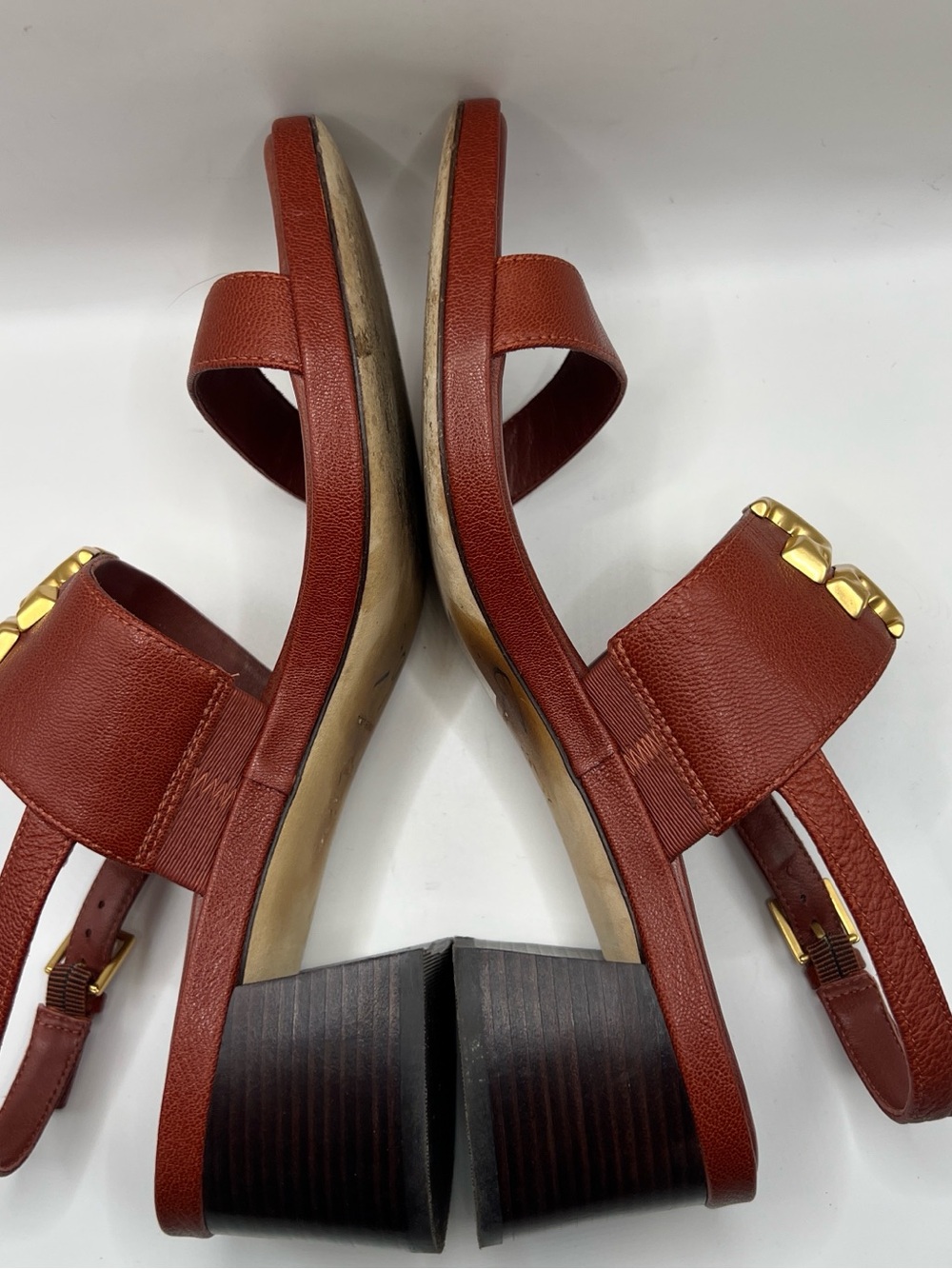 Tory Burch Rust Brown Leather Slingback Sandals with Gold Logo Accent - Picture 12 of 15